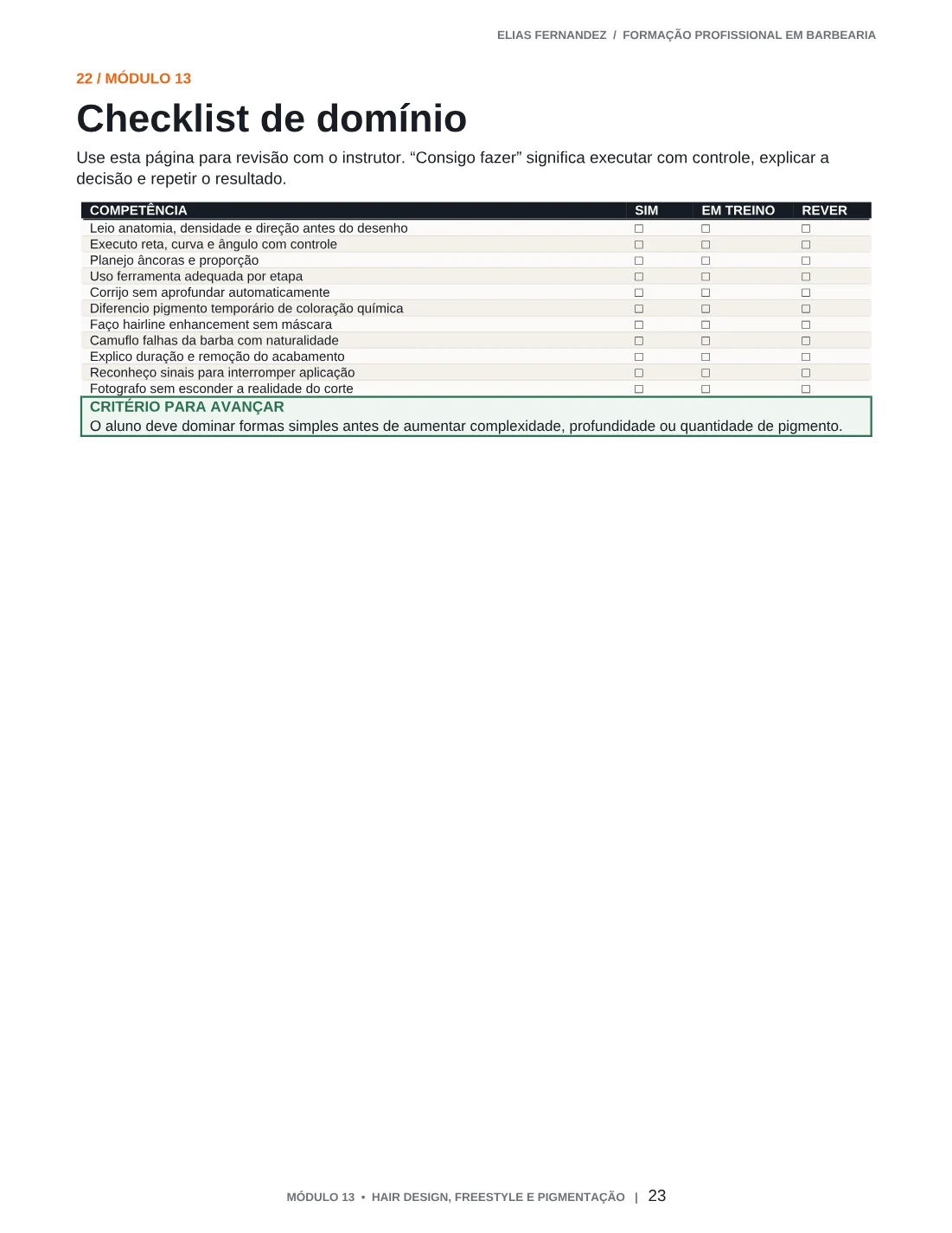 Página oficial da apostila: Checklist de domínio e revisão com critérios de aprovação